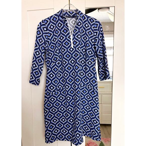 Katherine Way Geometric Print Quarter Zip Dress Blue Sz XS Preppy Golf Tennis - Picture 1 of 7